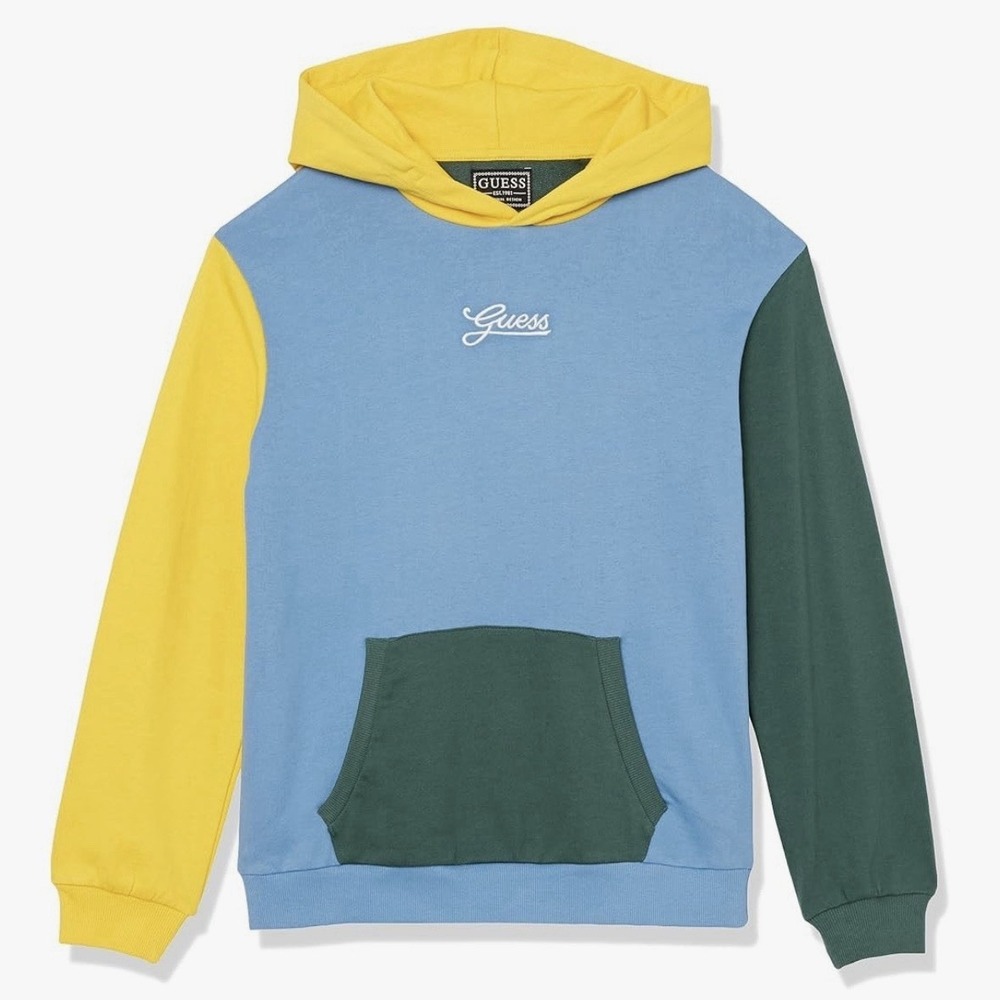 GUESS Boys' Organic French Terry Color Block Blue Hooded Jumper Sweatshirt Sz 8